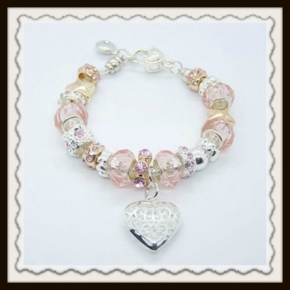 💗Heart Silver, Pink & Yellow Crystal Bracelet - Picture 4 of 4